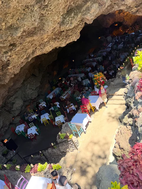 The dining room of La Gruta Teotihuacan seen from high in the grotto