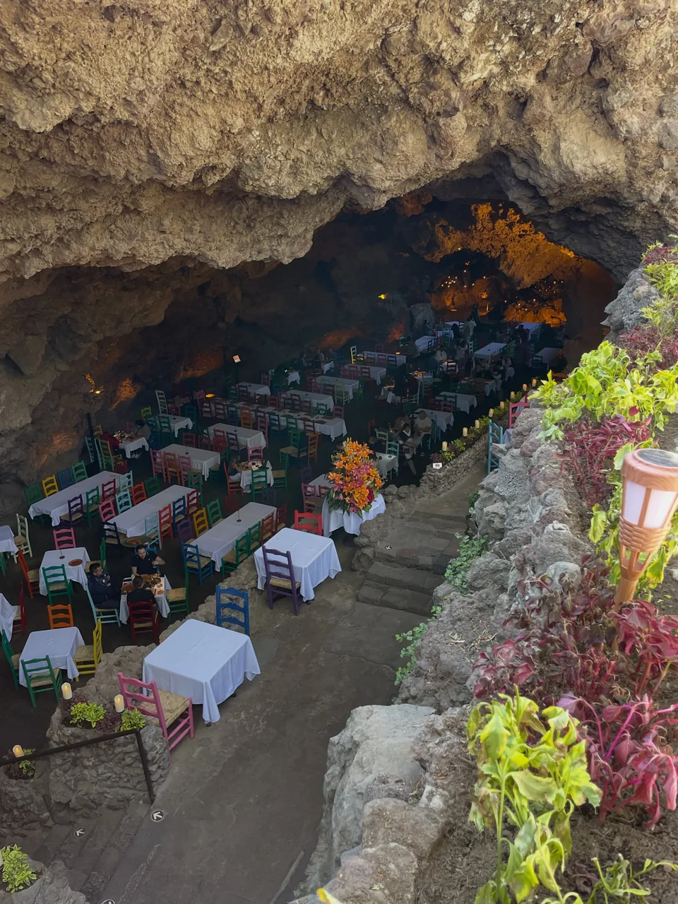 The dining room of La Gruta Teotihuacan seen from the upper level of the grotto